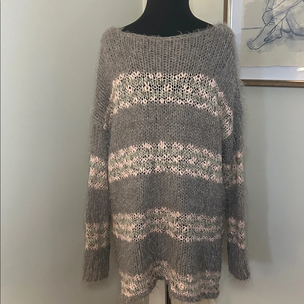 Free People | Linus Striped Eyelash Wool Blend Sweater Gray Pink-Size medium - Picture 3 of 6